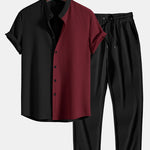 Two Tone Muscle Fit Ribbed Stand Collar Shirt & Straight Leg Ribbed Pants