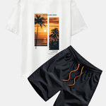 Palm Trees Landscape Slogan Print Oversize T-Shirt & Swim Shorts