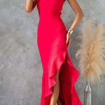 Back Lace-up Sleeveless Ruffle Slit Maxi Dress