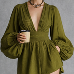 Women's Vacation Style Olive Green Cotton-blend V-neck Belted Jumpsuit Shorts