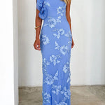 Sleeveless Ruffle One Shoulder Floral Mesh Maxi Dress