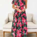 One Shoulder Cut Out Waist Floral Print Midi Swing Dress