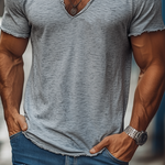 Men's Summer Casual Heathered Cotton Blended V-Neck Raw Edge Short Sleeve T-Shirt