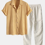 Knitted Geometric Textured Cuban Shirt & Straight Leg Linen Pants