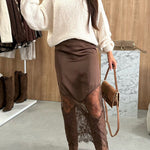 High Rise Satin Splice Lace Maxi Skirt