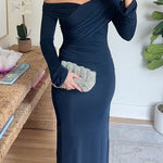 Off Shoulder Long Sleeves Ruched Solid Maxi Dress