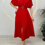 Margovil Crewneck Short Sleeves Belted Slit Midi Dress