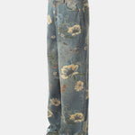Flower Print Denim Wide Leg Pants