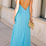 Halter V Neck Open Back Pleated Maxi Dress