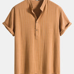 Linen Blend Striped Half Open Placket Henley Collar Shirt & Straight Leg Linen Pants
