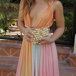 Deep V Neck Sleeveless Rainbow Maxi Dress