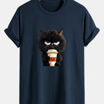 Regular Fit Black Cat Drinking Coffee Print Cotton T-Shirt