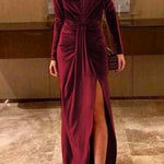 Margovil Deep V Neck Ruched Split Velvet Maxi Dress(5 Colors Available)