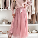Elastic Waist Mesh Flowy Maxi Skirt