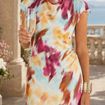 Cowl Neck Short Sleeves Tie Dye Maxi Dress