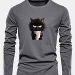 Long Sleeve Black Cat Drinking Coffee Print Cotton T-Shirt