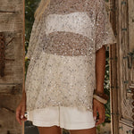 Crewneck Half Sleeves Crochet Hollow Out Sequin Top