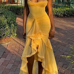 Margovil Spaghetti Strap Frill Trim Draped Slit Maxi Dress
