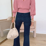 4 Colors Crewneck Back Cut Out Splice Knitting Sweater