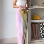 Strapless Color Block Printed Maxi Holiday Dress