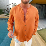 Men's Cotton and Linen Solid Color Long-sleeved Shirt
