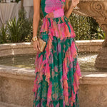 Spaghetti Strap High Waist Printed Ruffle Maxi Dress