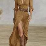 Margovil Lapel V Neck Long Sleeves Button Up Slit Maxi Dress