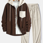 Long Sleeved Contrast Corduroy Hooded Shirt & Straight Leg Corduroy Pants