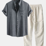 Short Sleeve Stand Collar Shirt & Straight Leg Linen Pants