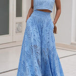 Margovil Lace Hollow Out Crewneck Crop Tank Top High Waist Maxi Swing Skirt Set