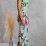 Asymmetrical Shoulder Lace Splice Floral Print Maxi Dress