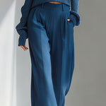 Women's Blue Elegant Ribbed Knit Cold - Shoulder Sweater And Wide - Leg Pants Set