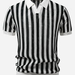 Stripe Johnny Collar Open Knit Polo & Straight Leg Linen Pants