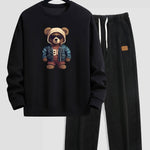 Bear In Leather Jacket Print Relax Fit Sweatshirt & Straight Leg Corduroy Pants