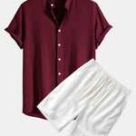 Linen And Rayon Blend Stand Collar Shirt & Linen Cotton Blend 11" Shorts