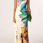 One Shoulder Sleeveless Floral Print Ruffle Hem Maxi Dress
