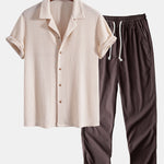 Short Sleeve Knitted Waffle Cuban Shirt & Straight Leg Linen Pants