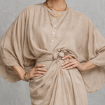 Women's Relaxed-fit Light Khaki Cotton And Linen Dress With A Cinched Waist And Shell Buttons