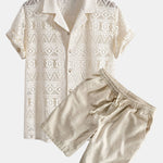 Short Sleeve Geometry Textured Cuban Shirt & Linen Cotton Blend Shorts