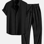 Muscle Fit Ribbed Stand Collar Shirt & Straight Leg Ribbed Pants