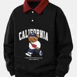 Relax Fit California Fashion Bear Print Contrast Polo Sweatshirt