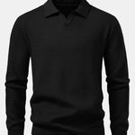Long Sleeve Wave Jacquard V Neck Knit Polo Shirt