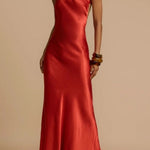 One Shoulder Backless Satin Maxi Party Dress