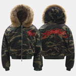 Boxy Camouflage Faux Fur Collar Hooded Jacket