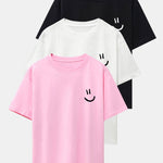 3 Pieces Smiley Face Print Drop Shoulder Oversize T-Shirts