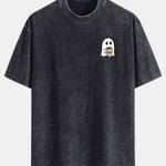 Ghost Drinking Coffee Print Washed Distressed Drop Shoulder T-Shirt