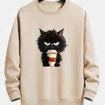 Black Cat Halloween Coffee Print Relax Fit Sweatshirt