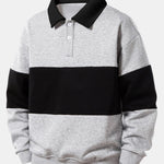 Relax Fit Color Block Polo Collar Sweatshirt & Slit Hem Stripe Pants