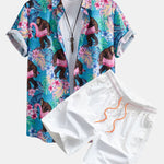 Tropical Plants And Orangutan Print Button Up Shirt & Swim Shorts