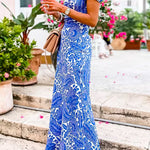 Halter Short Sleeves Backless Printed Maxi Dress